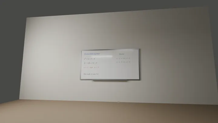 The classroom from the camera on the student's desk: a whiteboard that looks small and far away on the wall.